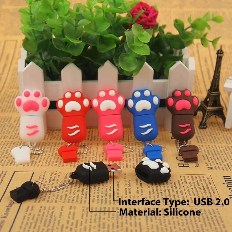 Cat Paw Cartoon USB Flash Drive, Memory Stick, Corrente Chave Livre, Pen Drive, Rosa, Presentes Criativos para Crianças, U Disk, 8GB, 16GB, 32GB, 64GB