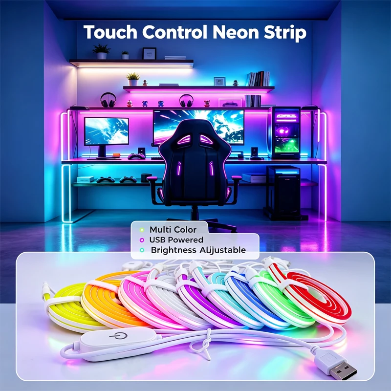 Neon Led Light Strip, Touch Switch, Adjustable Light Brightness, 9 Colors Available, Dc5V, USB Powered, Flexible DIY Design, Suitable for Glowing Neon Party Birthday House Decoration