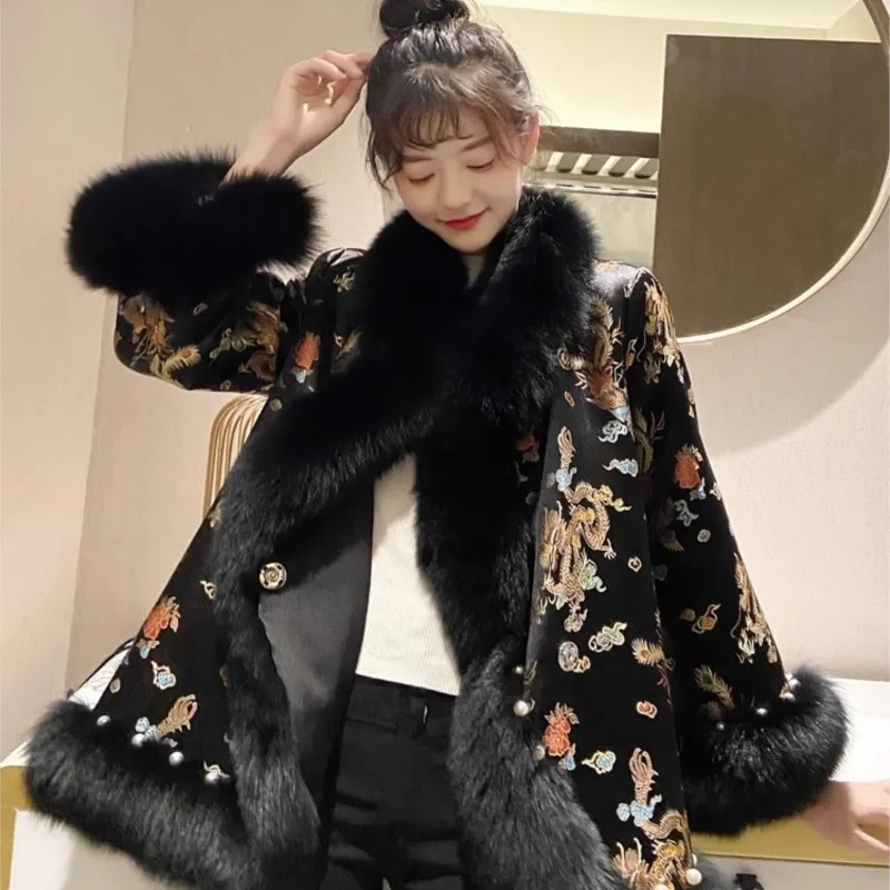 Cape imitation fur coat women's Chinese style beaded