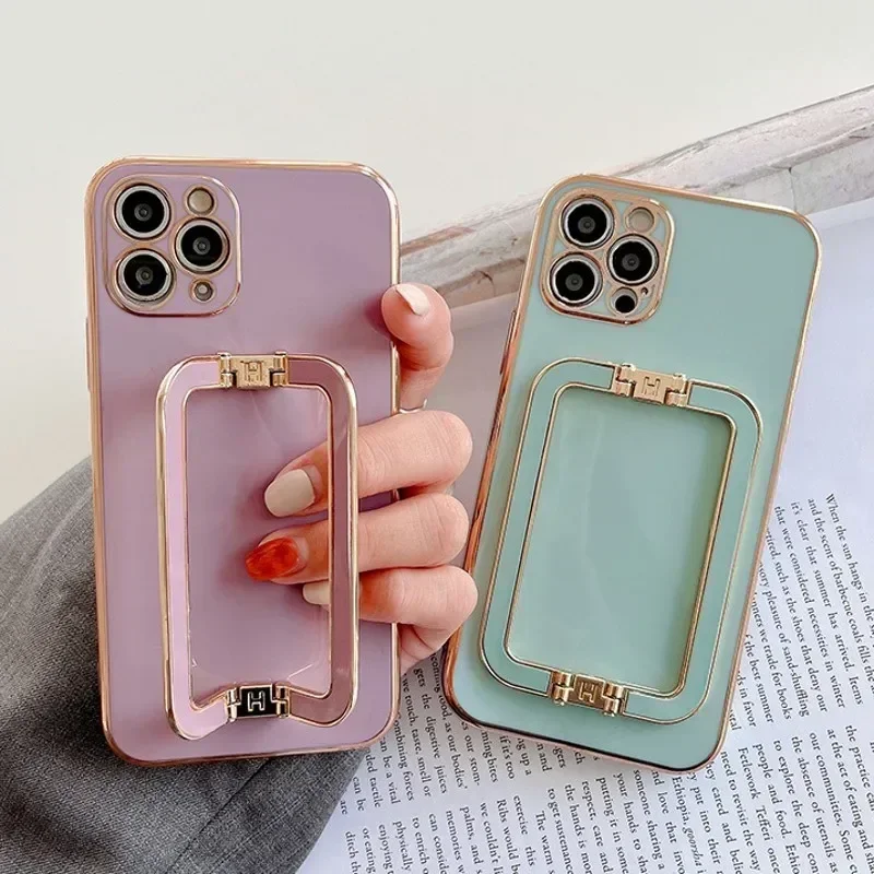 Gold Plating Phone Case, Korea Metal Square Holder, For Samsung S23, S24,S21, S22 Plus, Ultra ,For iphone 15,14 13 Pro max