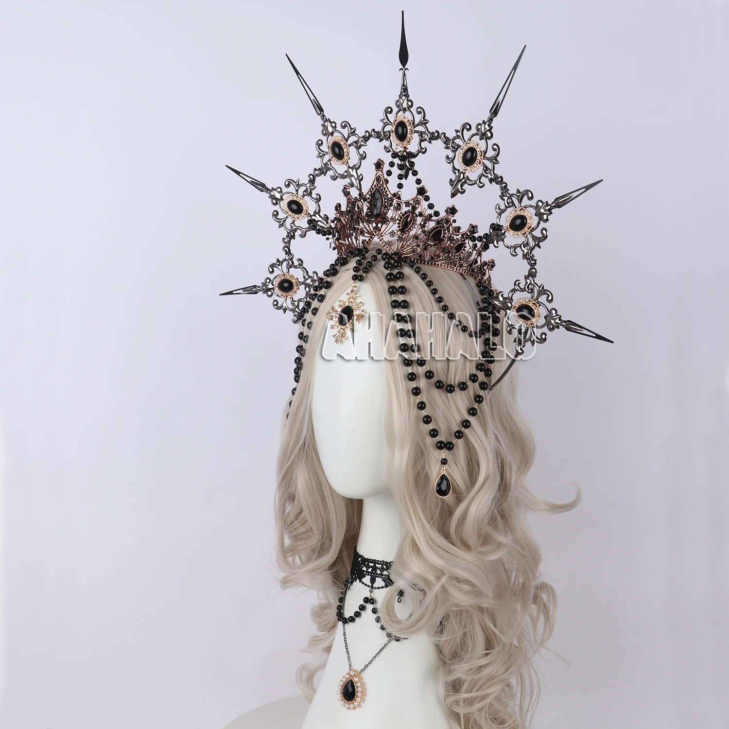 Black Spiked KC Halo Crown Necklace Headpiece Women Girl Goddess Gothic Headband Virgin Mary Baroque Bead Chain Hair Accessories