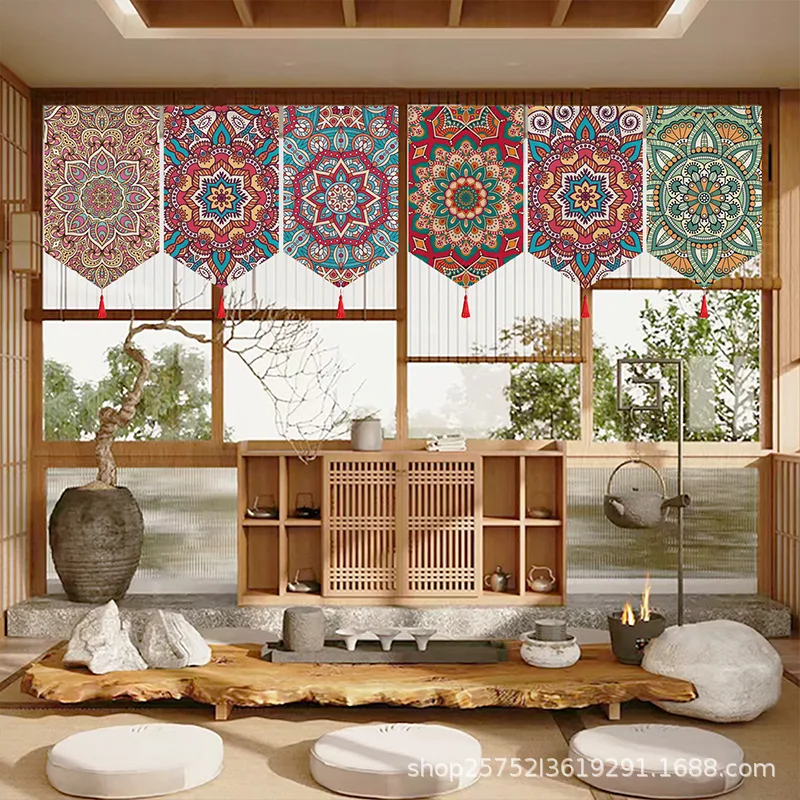 Bohemian Ethnic Triangle Curtain Vintage Mandala Half Door Screen with Velcro Wall Hanging for Kitchen Restaurant Home Partition