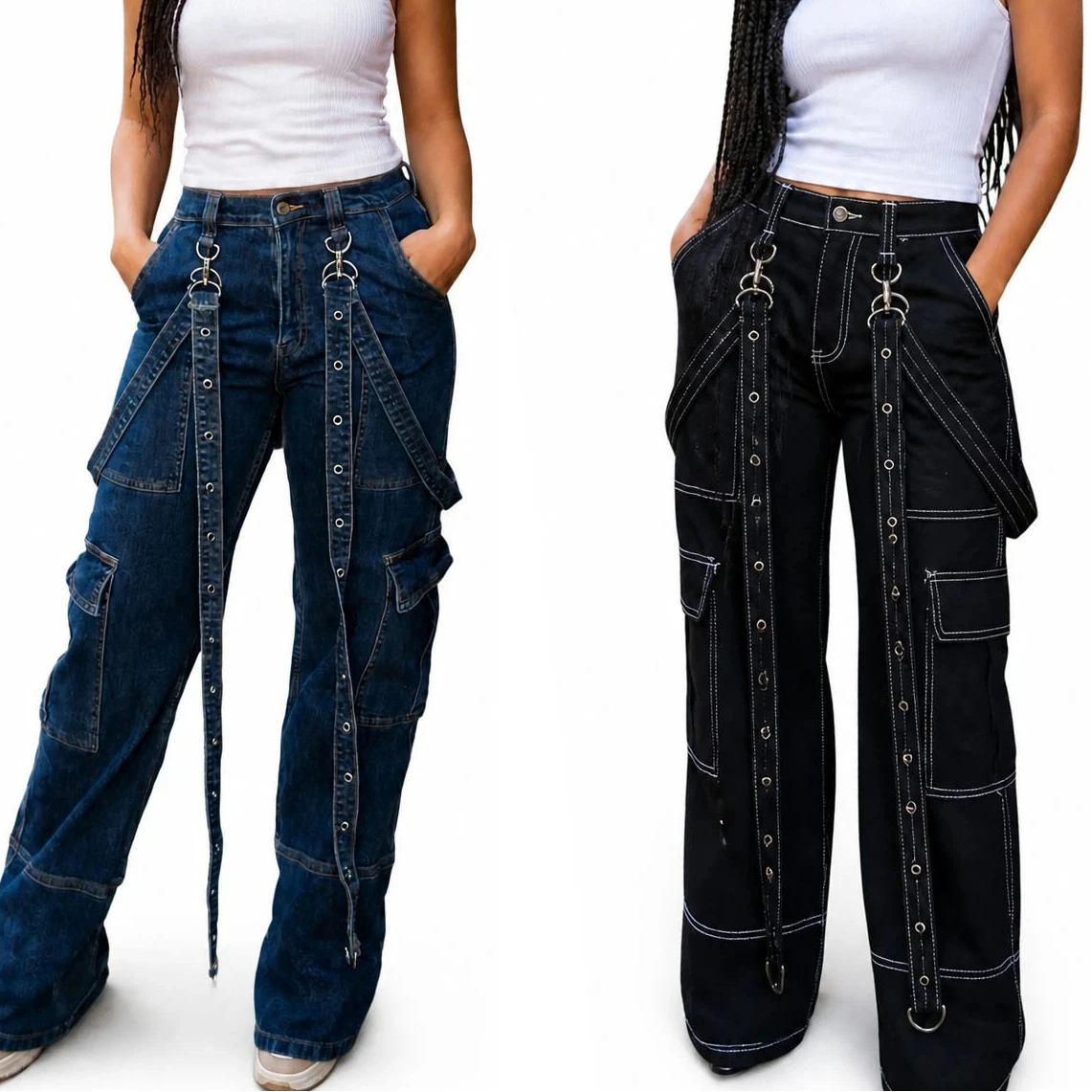Women Gothic Cargo Jeans High Waist Contrast Strap Wide Leg Pants With Strap Y2K Streetwear Multi Pocket Black Denim Trousers