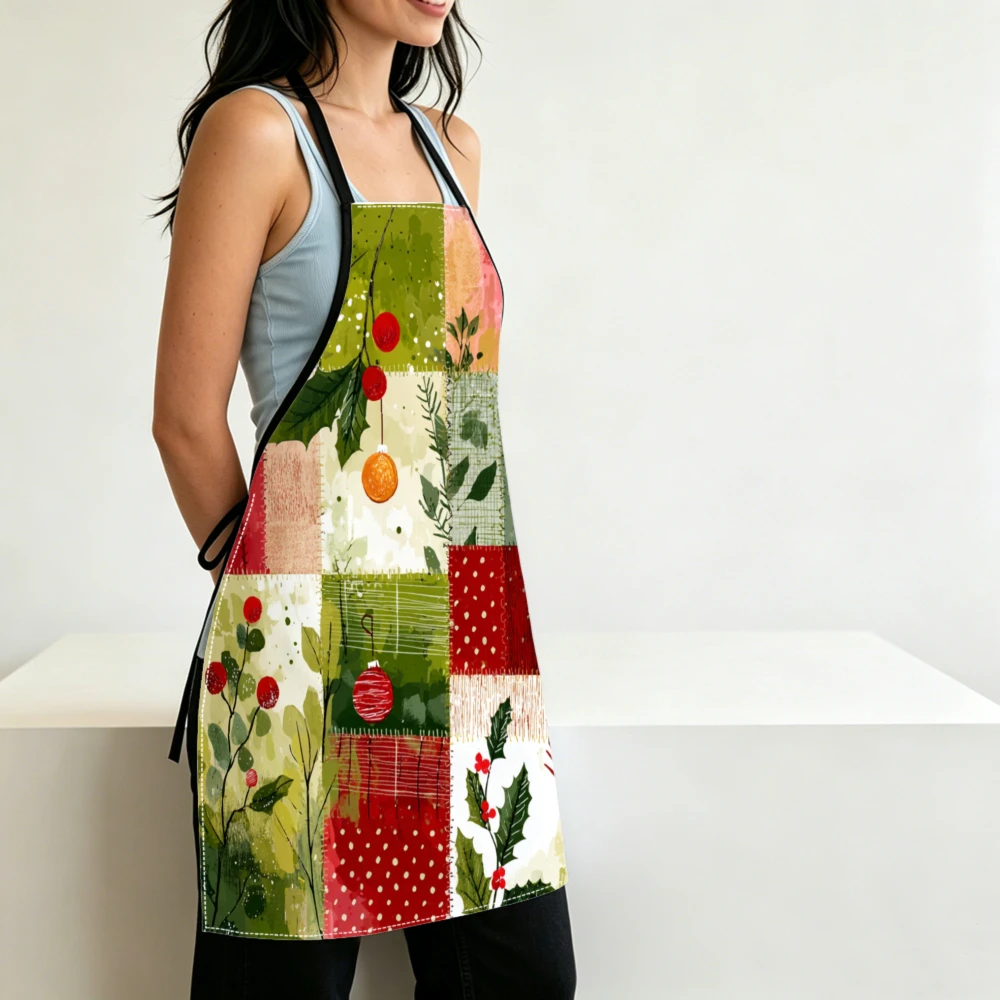 Vintage Patchwork Christmas Apron Festive Holiday Kitchen Aprons Cooking Baking Adjustable Bibs
