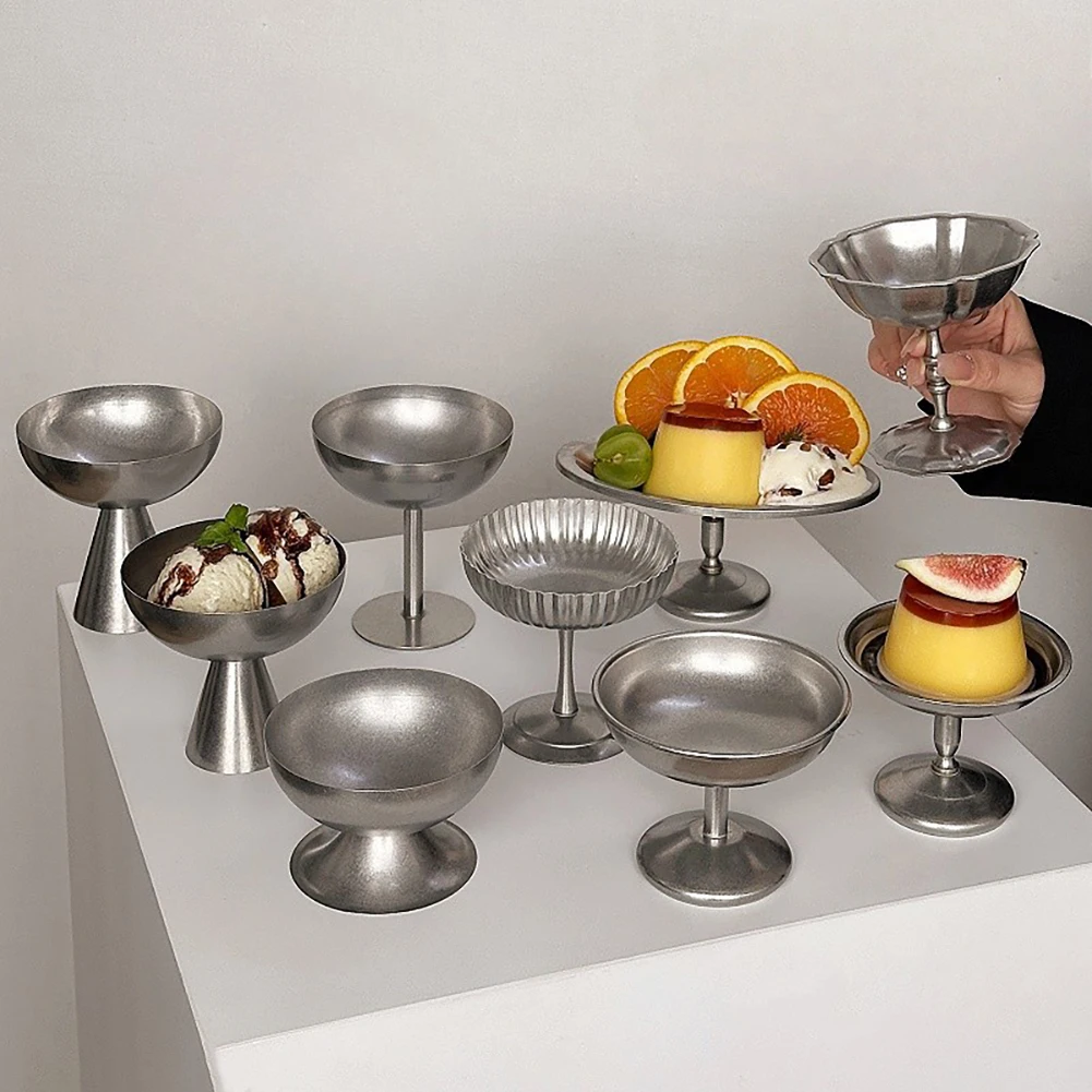 Footed Stainless Steel Dessert Cup Matte Finished Sundae Cup Perfect For Ice Cream Pudding Fruit Romantic Cafe Afternoon Tea