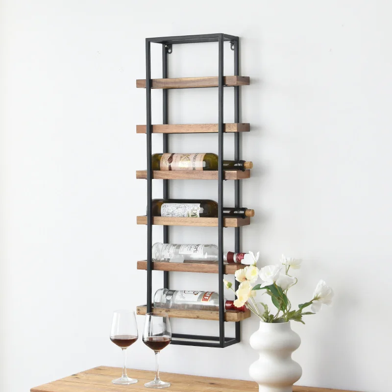 

Designer American retro style wall hanging red wine rack wrought iron solid wood rack creative decoration display wine