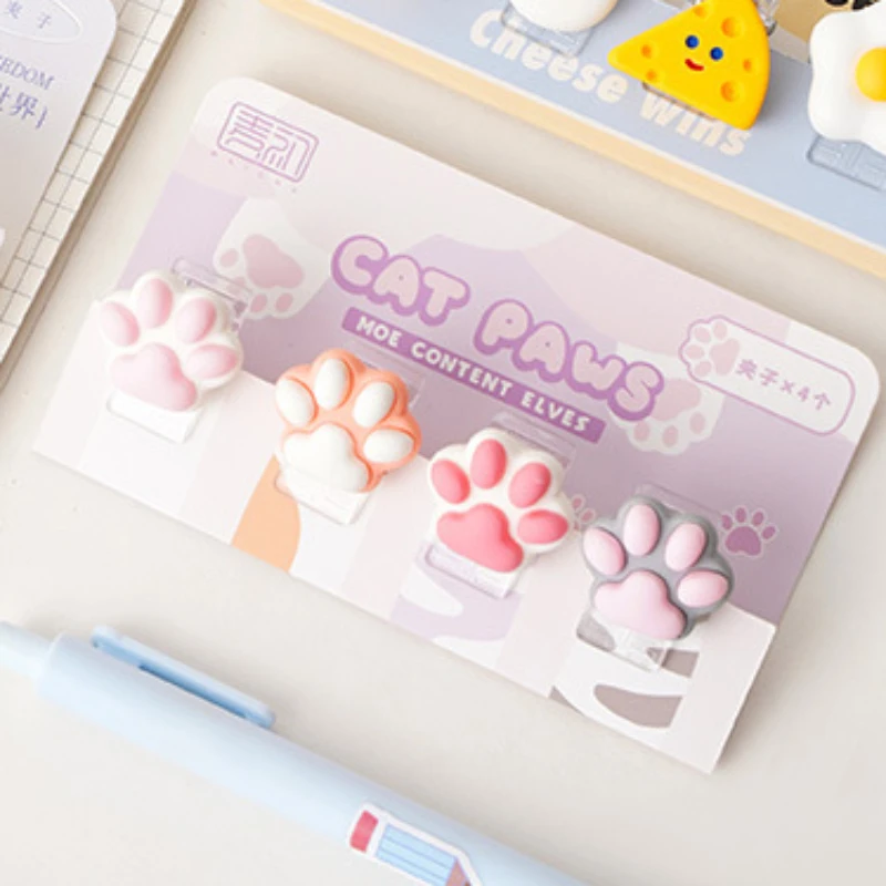 4Pcs Cute Cartoon Resin Cat Paw Decor Acrylic Paper Clip Girl Scrapbook Journal Storage Clip Memo Photo Clamp Office Accessories