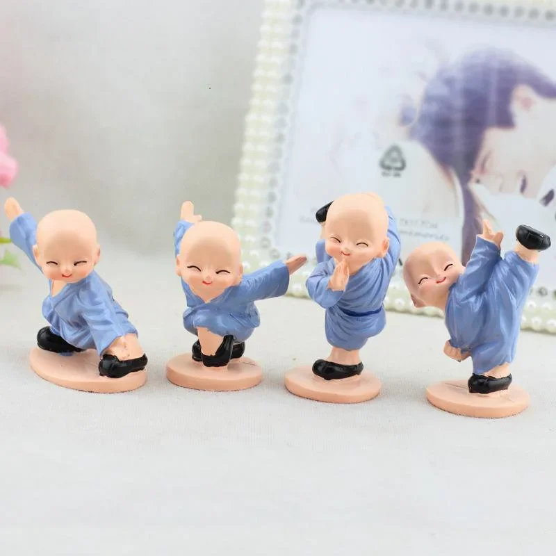 Kawaii Shaolin Monk Desk Miniatures Little Monk Kung Fu Boy Resin Figurine Ornaments, Children's Gifts, Home Decor, 4Pcs