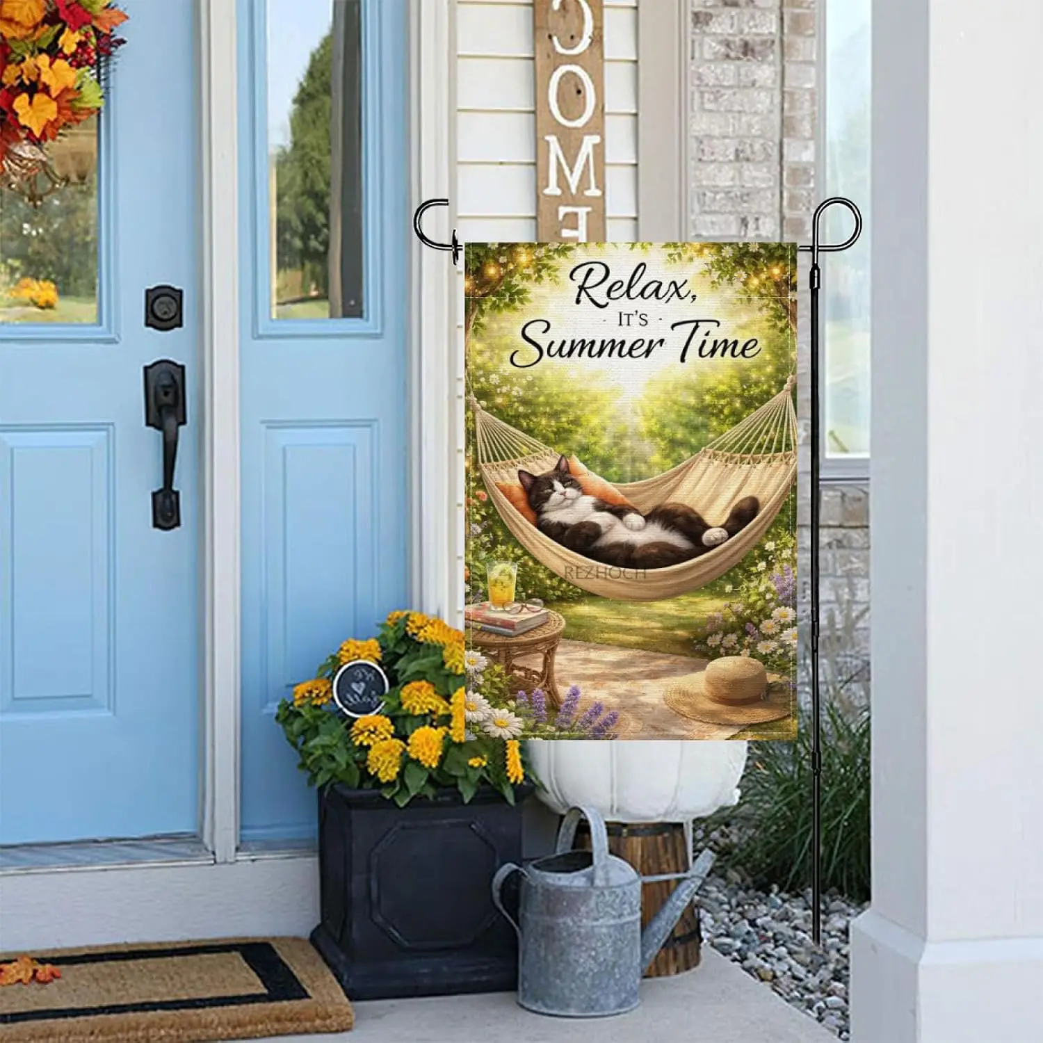 Fun Tuxedo Cat Garden Flag 12x18Inch,Relax It’s Summer Time Cute Animal Book Floral Yard Outdoor Decor,Boho Rustic Farmhouse yyi