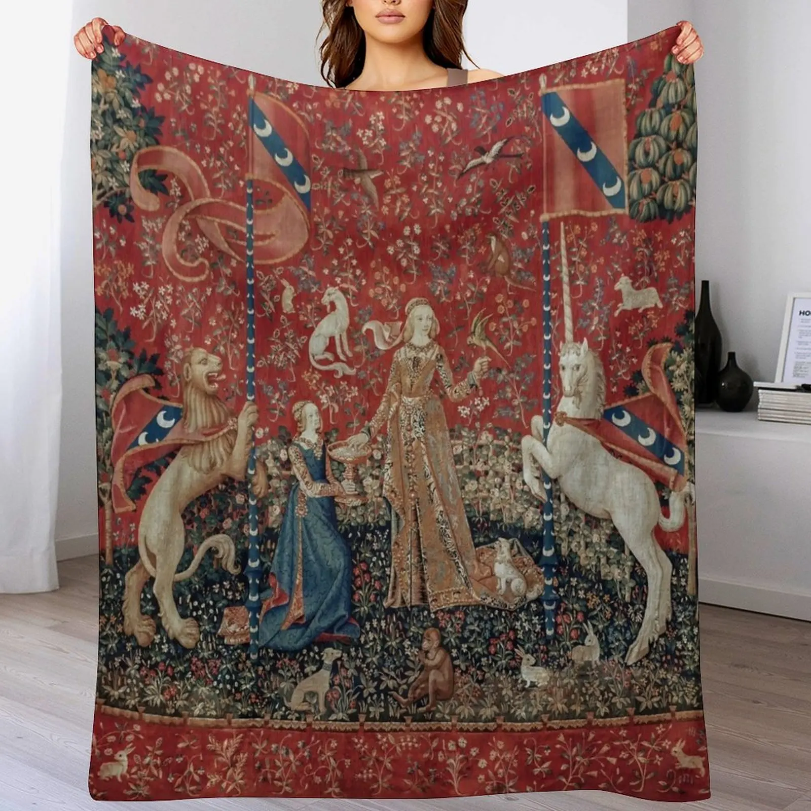 

Lady and Unicorn Medieval Tapestry Five Senses - Taste Throw Blanket blankets and throws Beach Bed linens Bed Blankets