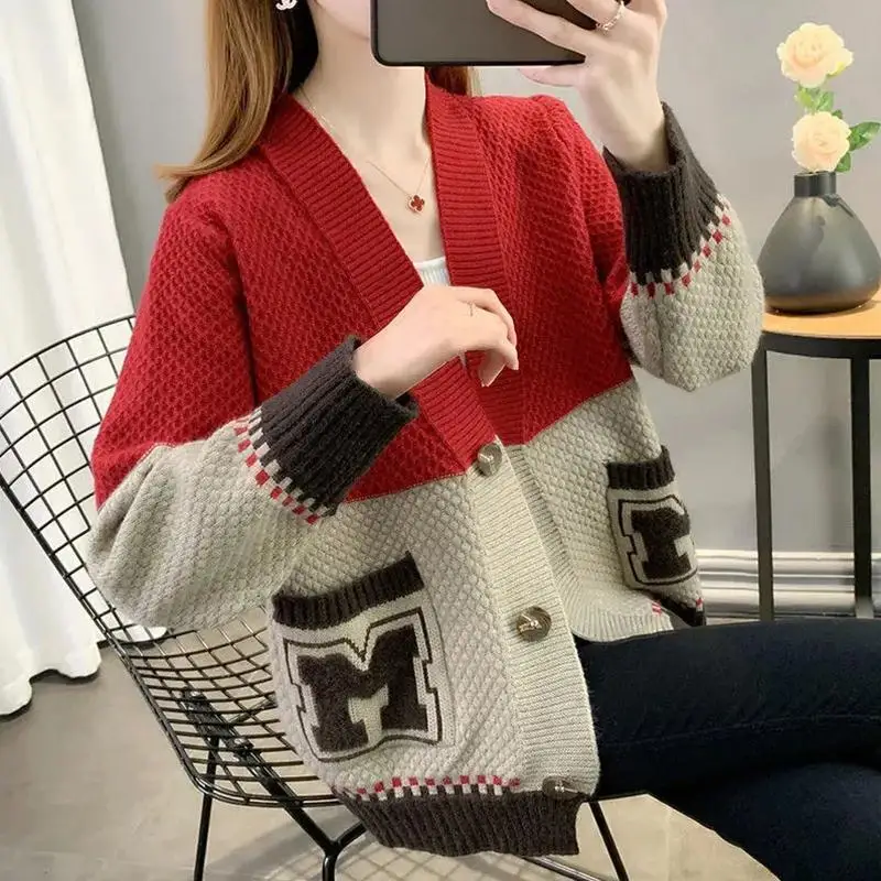 Spring Autumn New Women Clothing Korean Loose Cardigan Long Sleeve All-match Contrast Pockets Vintage Sweaters Casual Fashion