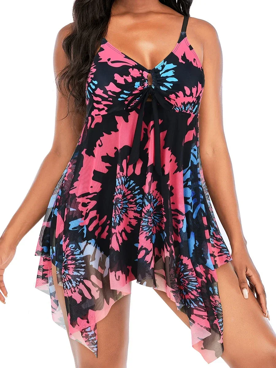 Traje de baño estampado de 2 piezas para mujer, Vestido de playa acolchado con pantalones cortos de natación, bañadores femeninos de verano, conjuntos de Tankini deportivos 2023