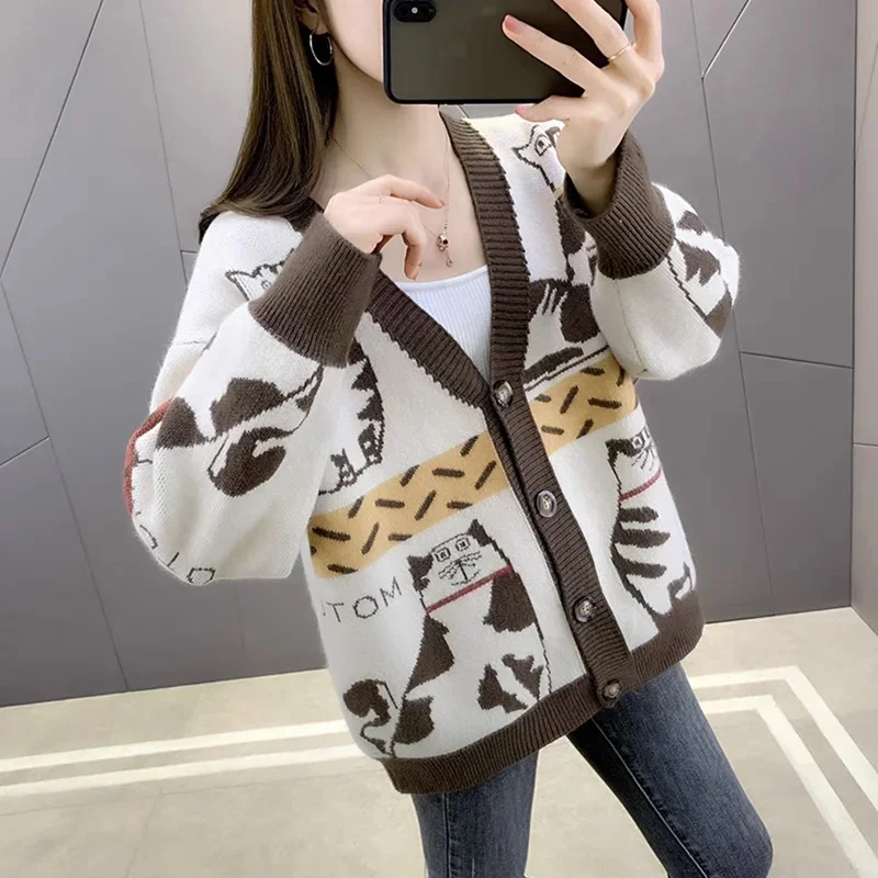 

2025 New Autumn Vintage Women Sweater Casual V-neck long sleeved animal Cardigan Top Chic loose Cartoon Cat Knitwears Coats