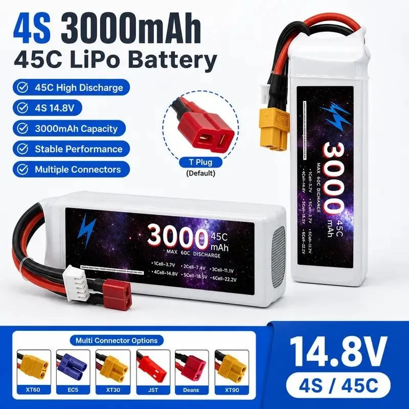 for Model RC Aircraft Vehicle Ship Drone Fixed Wing 3000mAh 4S Lithium Battery 45C 14.8V