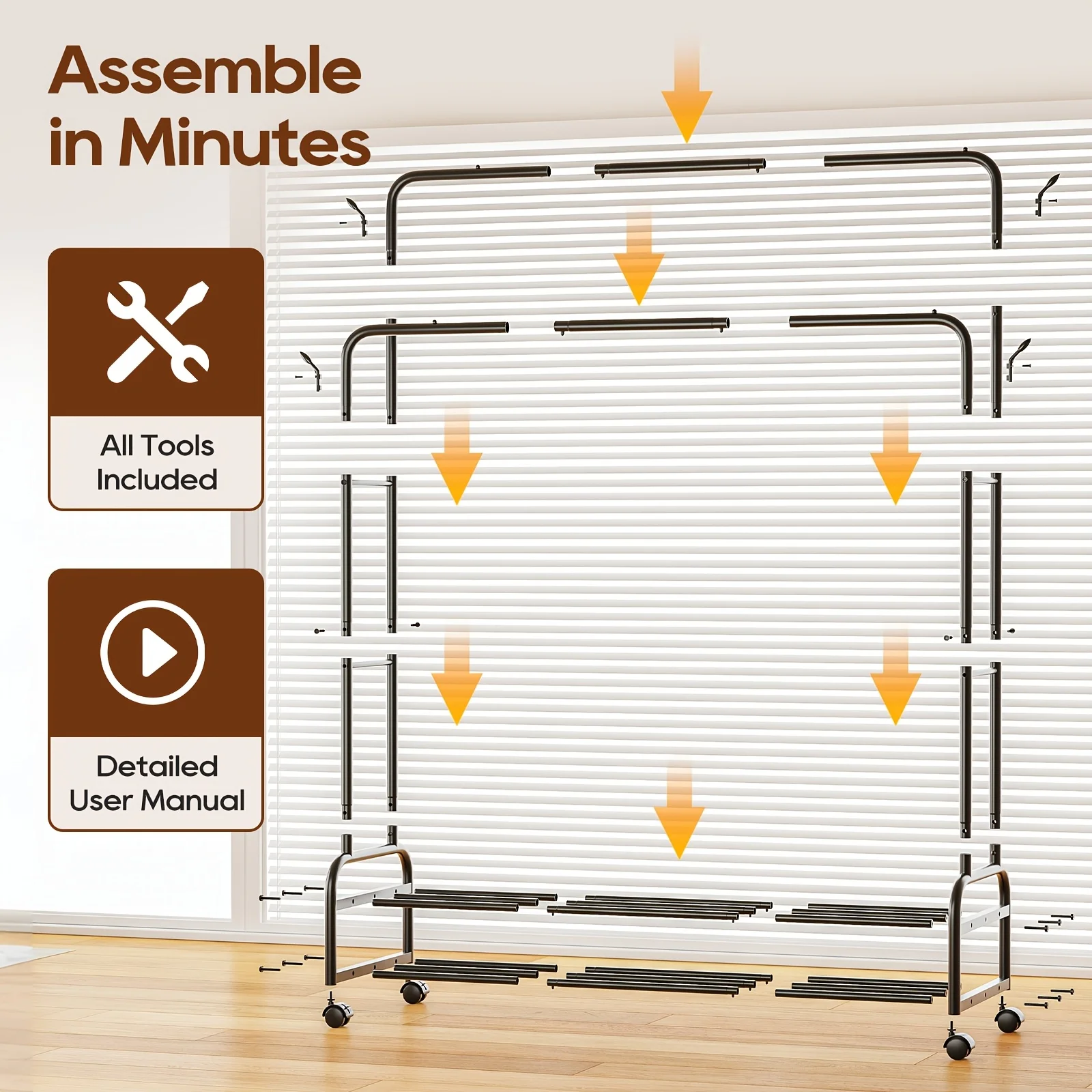Sturdy Metal Double Rodding Clothes Rack with Wheels, Portable Clothing Rack with Shelves & Hooks, Heavy Duty Garment Racks