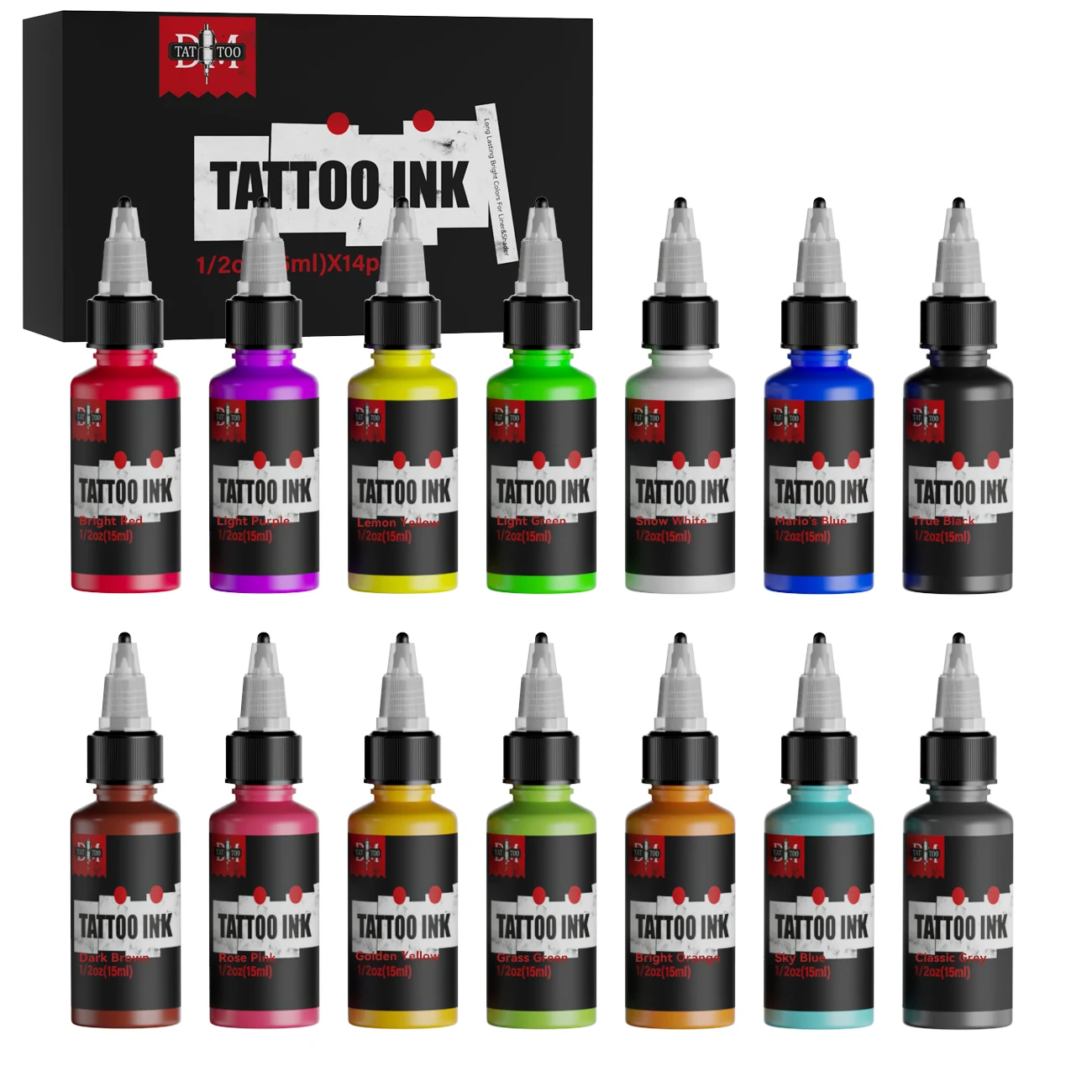 DM 15ml 14colors Tattoo Ink Pigment With Box Body Art Tattoo Kit Professional Beauty Paint Makeup Tattoo Supplies Semi-permanent