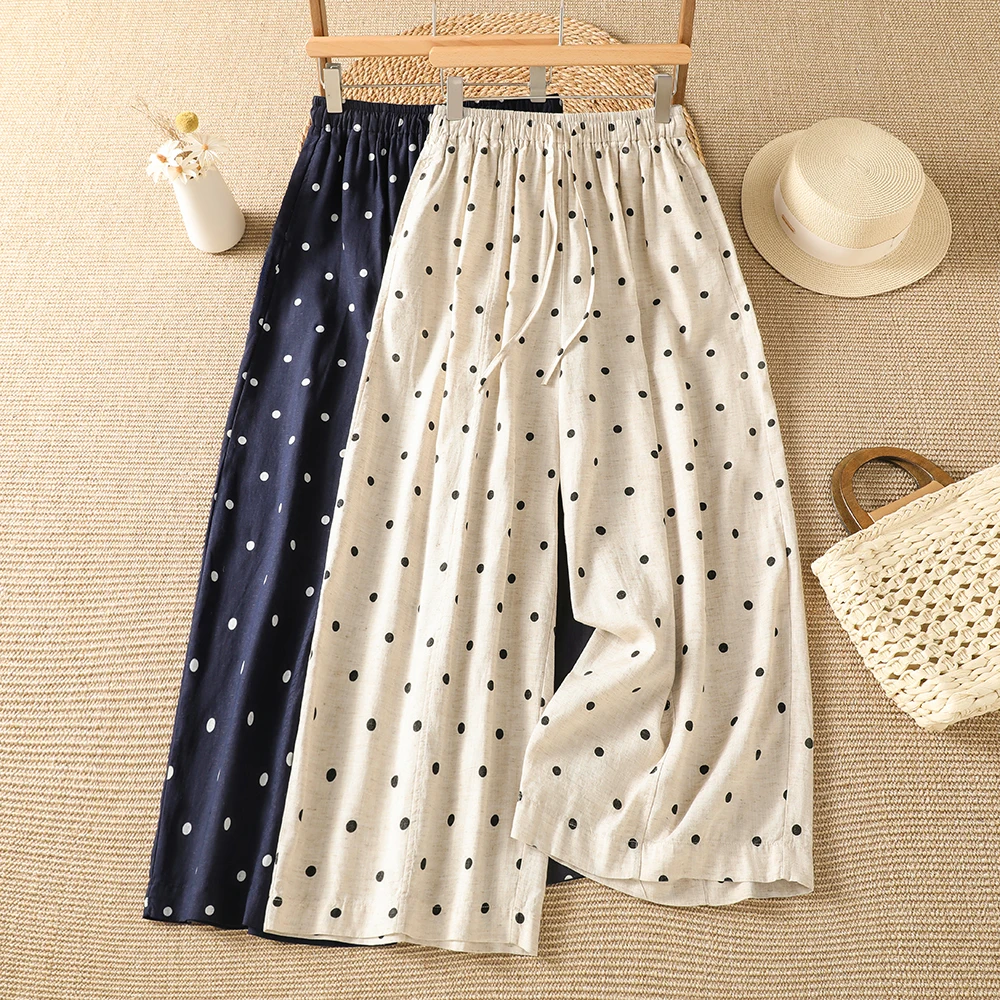 

Slimming Wide Leg Polka Dot Print Pants Belted Loose Harlan Cotton Summer Thin Material Ladies Trousers Commute Style