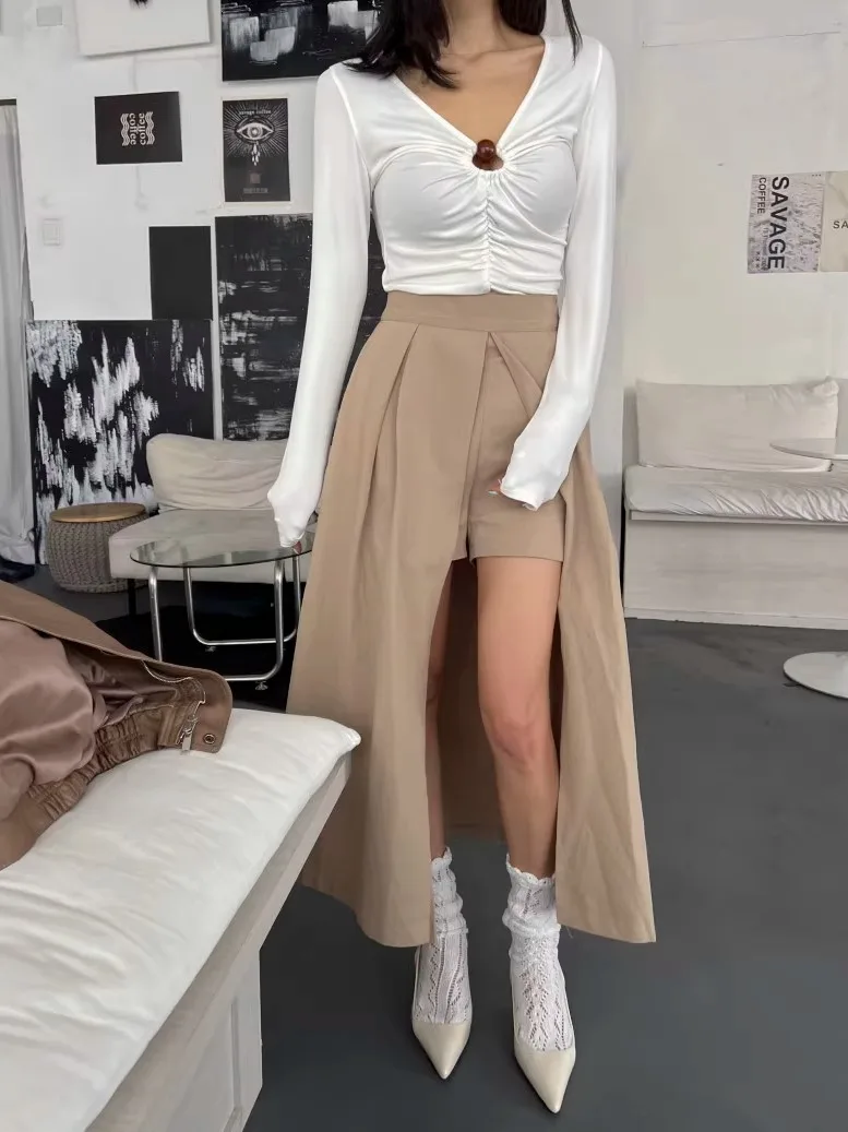 

Chic A-Line Midi Skirt with Split Front High Waist Pleated Slimming Versatile Anti-Light Long Dr Women's Commute Sle Cotton