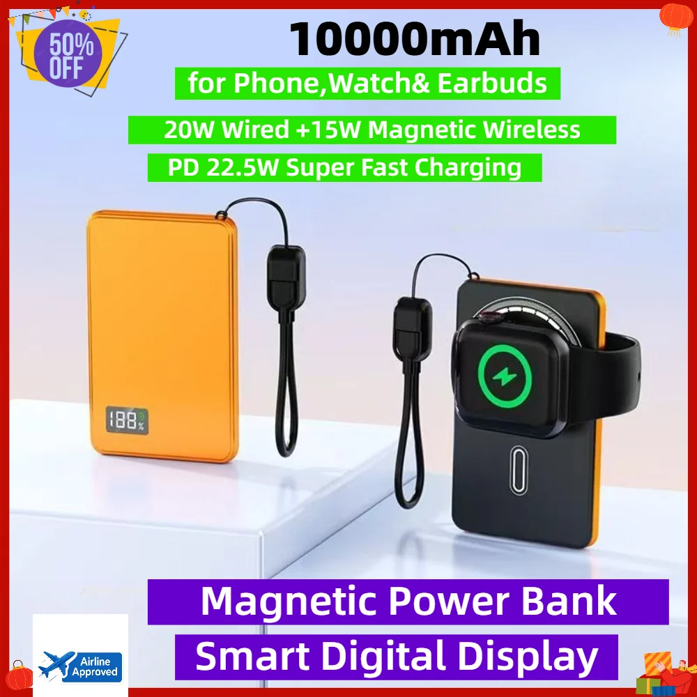 10000mAh PD20W Super Fast Charging,15W Wireless Charging Ultra-thin Metal Magnetic Power Bank,3-in-1 for Phone,Watch & Earbuds
