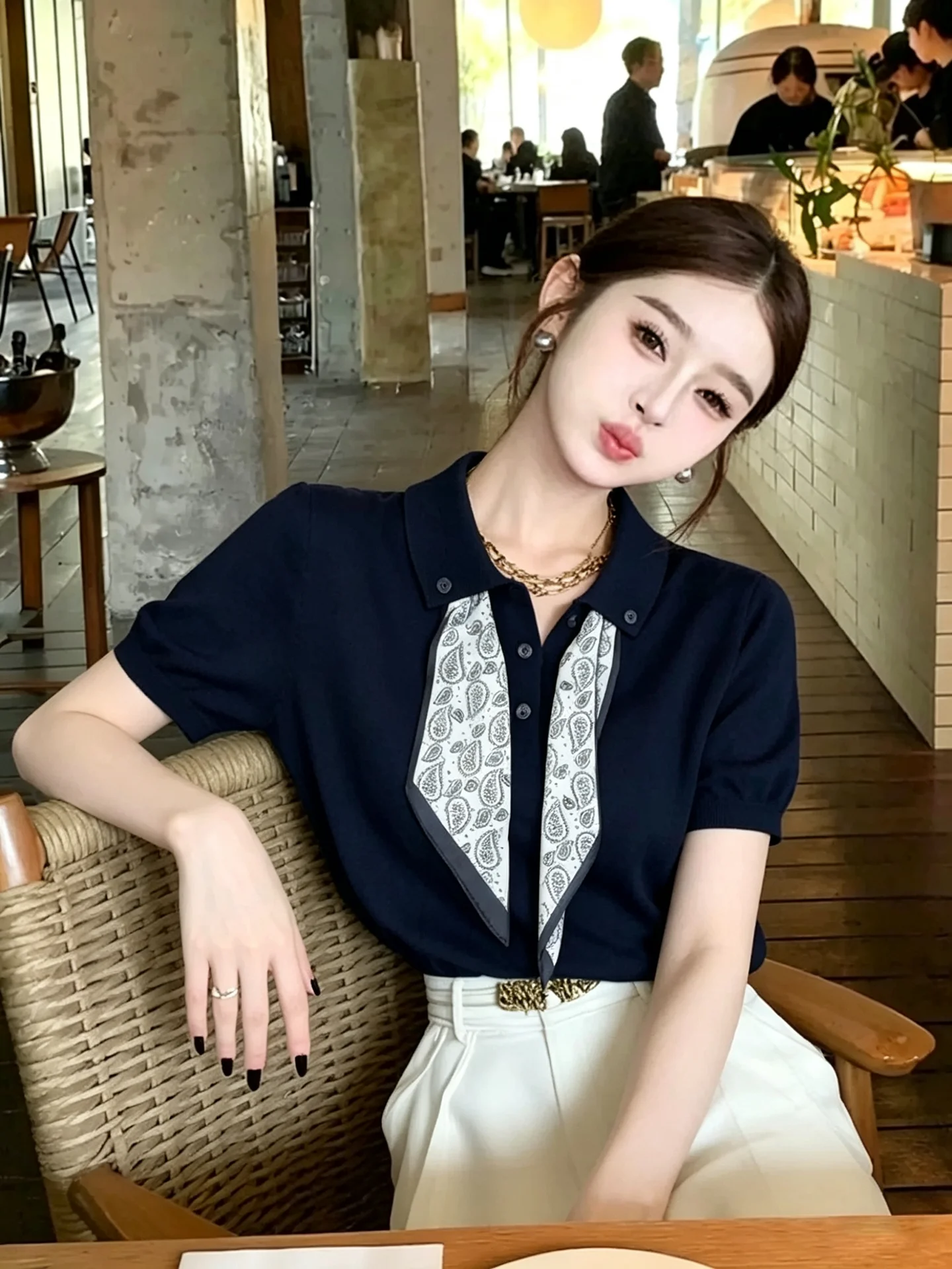 Light Blue  Neck Knitted T-Shirt Short Sleeve Women's Summer Thin Design Commute Elegant Anti-Aging Top Korean Style