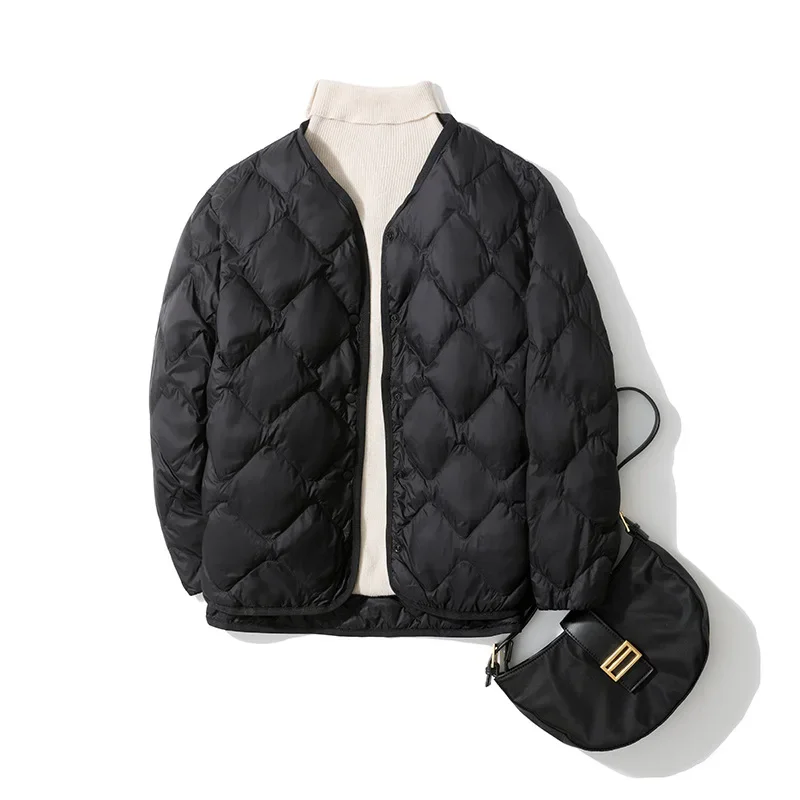 Female Ultra Light Down Jacket Women's Collarless Light Down Jacket Liner Rhomboid V-Neck Loose Slim White Duck Short Jacket