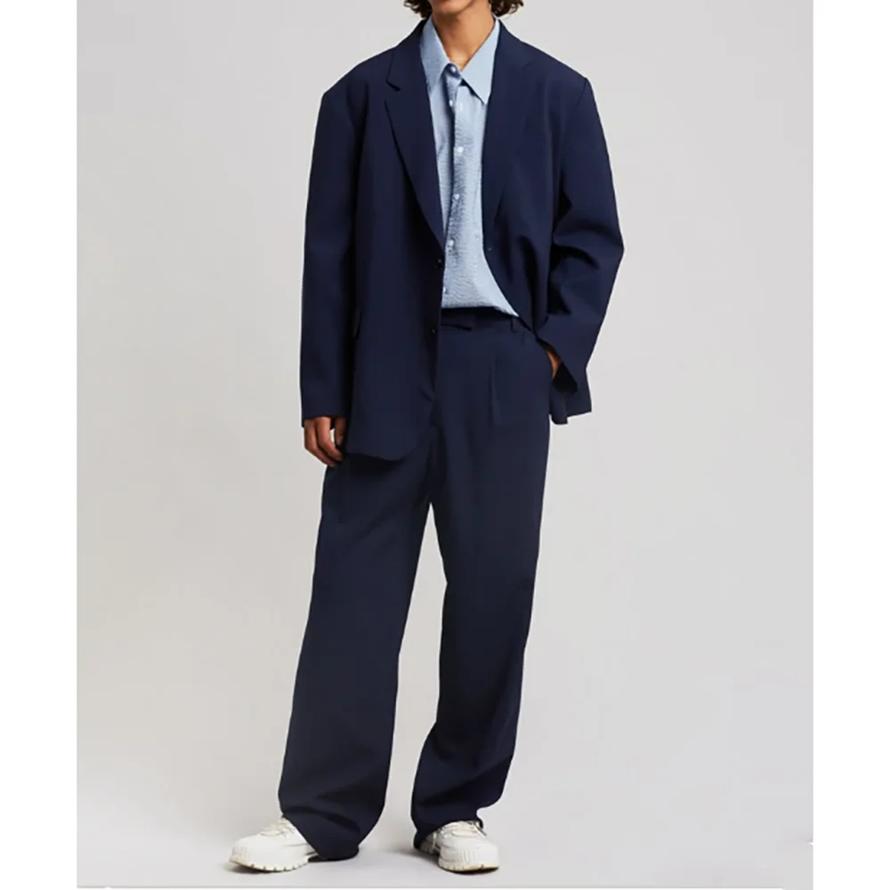 

Dark Blue Loose Casual Men's Suits 2 Piecs Jacket Pants Peak Lapel Daily Social Party Business Work Commute Male Clothing