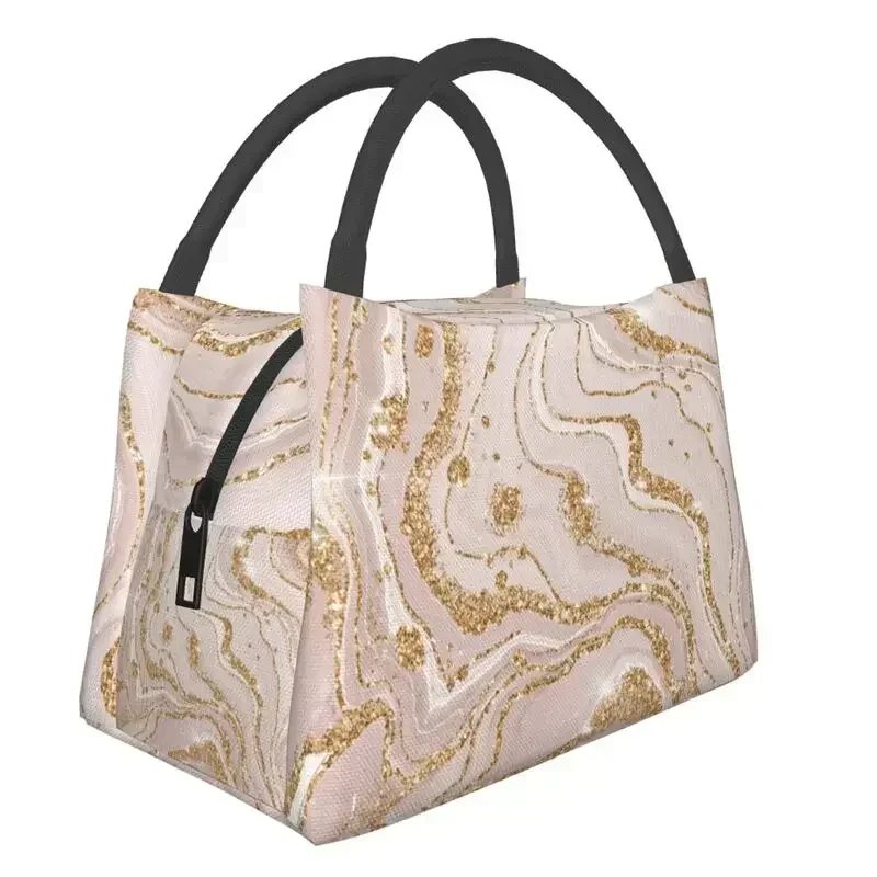 Gold And Cream Marble Pattern Thermal Insulated Lunch Bags Women Geometric Print Portable Lunch Tote Multifunction Meal Food Box