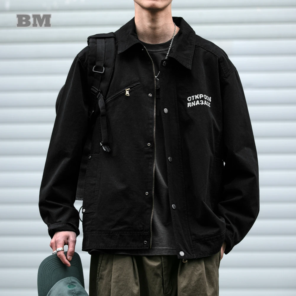 

American Vintage Work Jacket For Men Washed Turn-Down Collar Spring Fall Letter Print Patch Oversized Coat Trendy Plus Size
