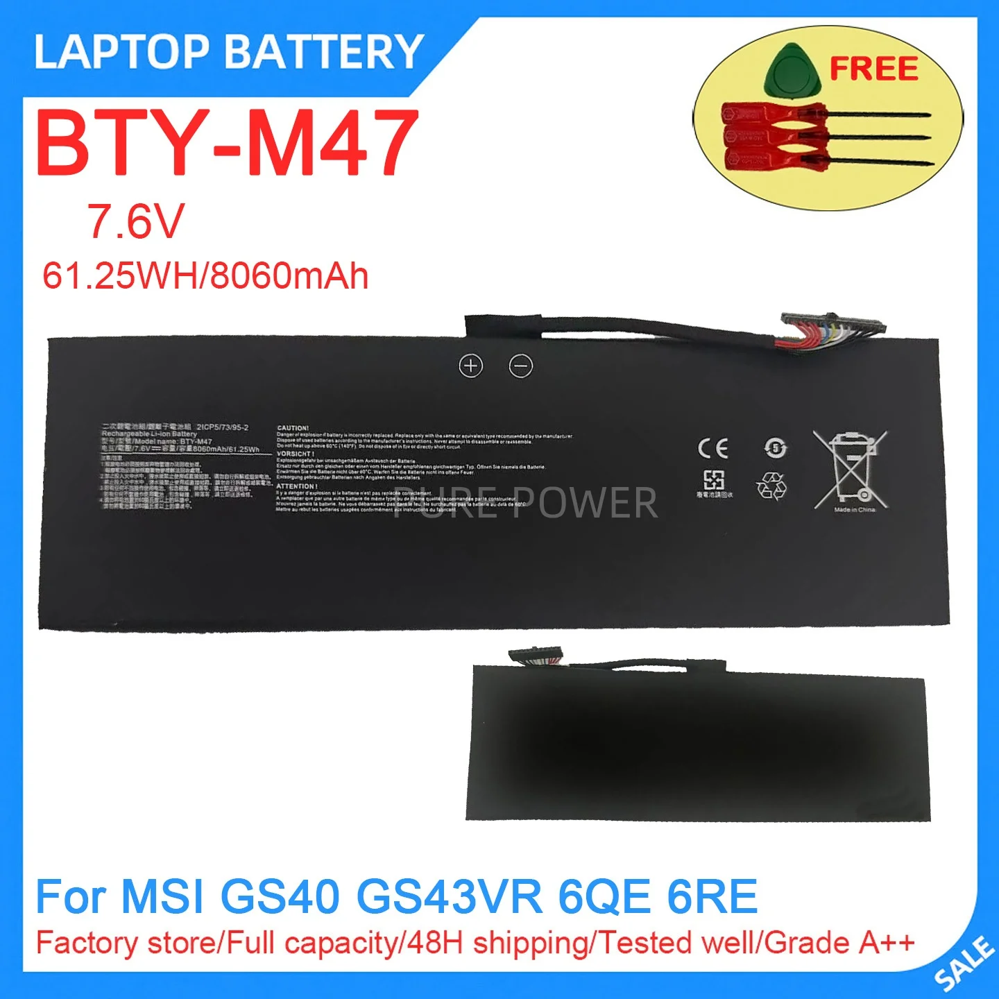 New Laptop Battery BTY-M47 7.6V 61.25WH 8060mAh High Quality For MSI GS40 GS43VR 6QE 6RE