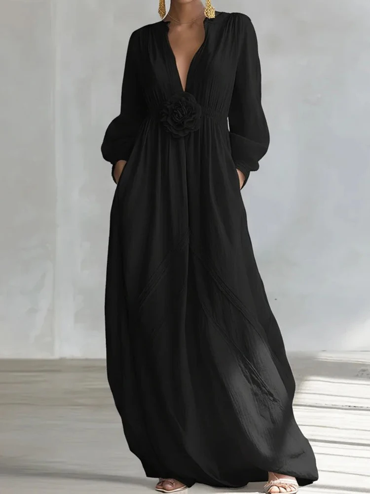 Spring Summer Elegant Long Sleeve Beach Dress Casual 2026 Women Holiday Loose Shirt Dress Female V Neck Maxi Streetwear Dresses