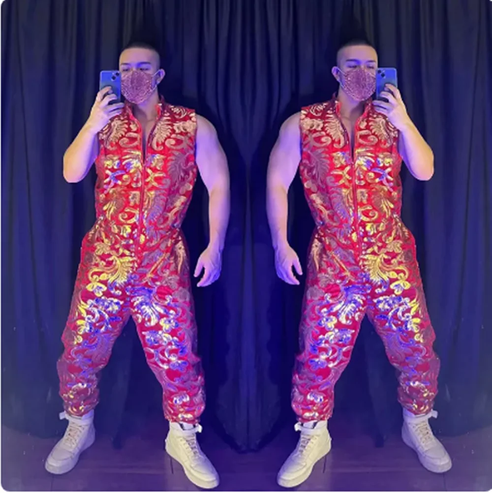 

Male Hip Hop Clothes Chinese Style Red Jumpsuit Nightclub Gogo Dancer Performance Wear Muscle Man Dancewear Rave Outfit