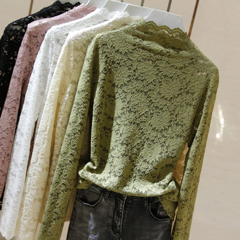Spring Long Sleeve Women's Chiffon Shirt Lace Base Fashionable Versatile Top Korean Style Straight Cut Nylon Fiber round Neck