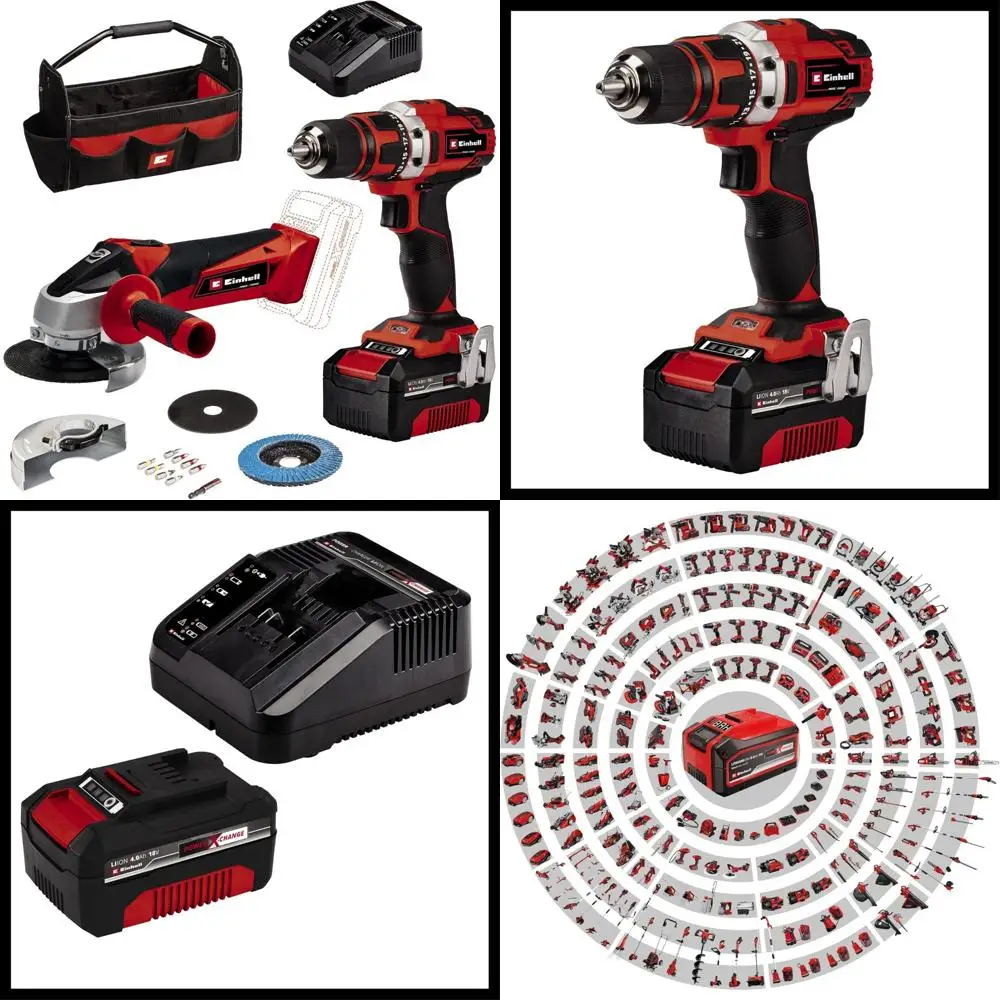 

Аккумуляторная дрель и отвертка с питанием от аккумулятора и литий-ионным аккумулятором 18 В, включает в себя угловую шлифовальную машину 115 мм и силовую систему X-Change f