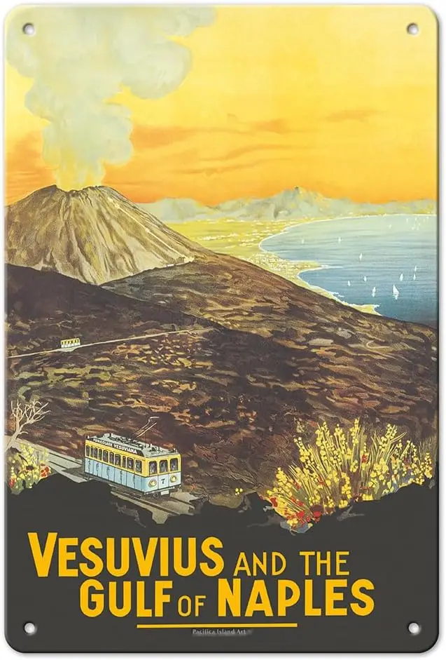 Pacifica Island Art Mount Vesuvius Volcano and the of Naples Italy - Vintage Railroad Travel Poster by Borgoni c.1925-  Vintage
