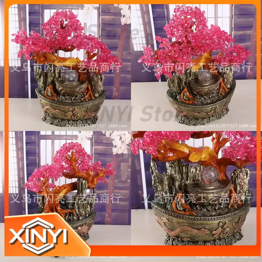 Feng Shui Water Fountain Crystal Tree for Desktop Decoration with Dragon and Phoenix Flowing Water Design for Prosperity and