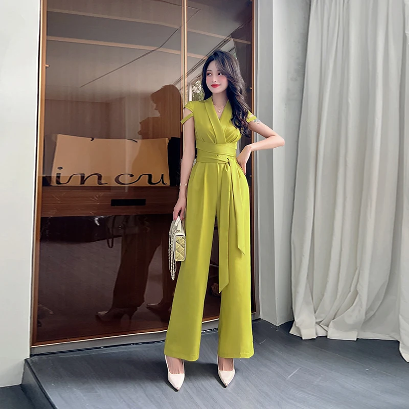 

2024 Summer Women Elegant Solid Short Hole Sleeves V Neck Bandage Straight Leg Casual Working Jumpsuit