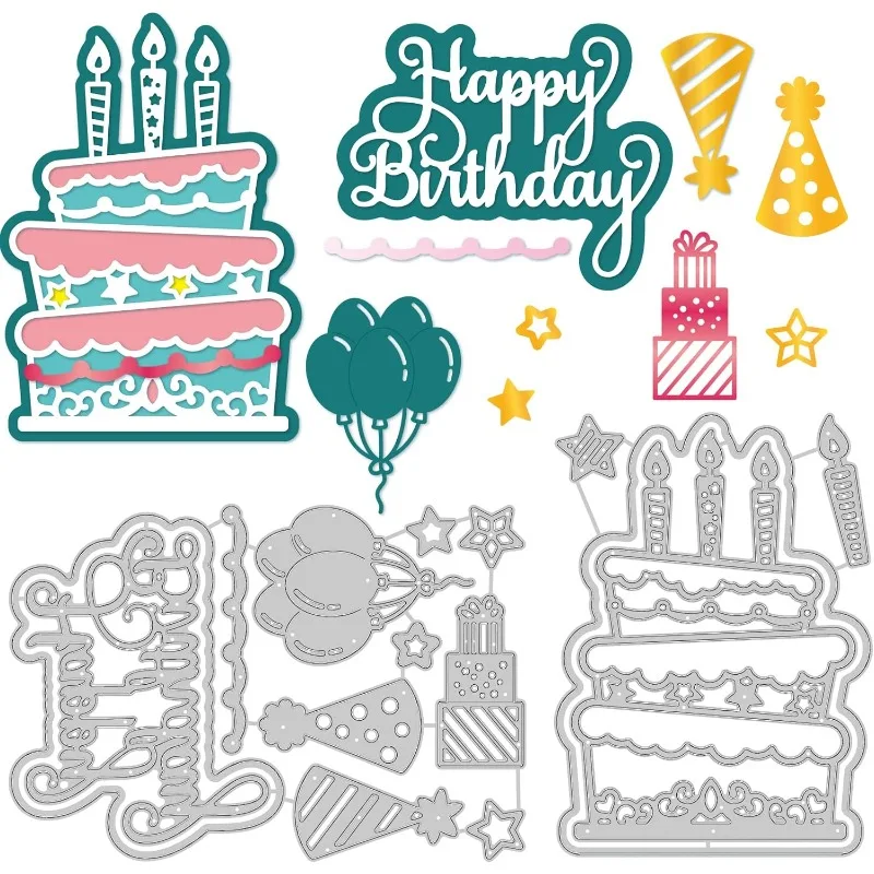 2szt Happy Birthday Theme Die Cuts Cake Balloon Hat Metal Embossing Stencil for Holiday Card Making Decoration and DIY