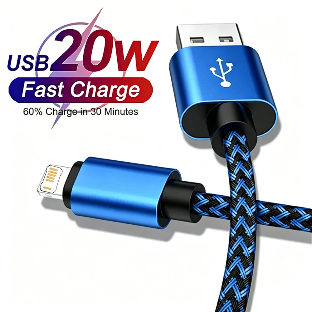 Alloy Braided 20W USB Fast Charging Cable For iPhone 11 12 13 14 Pro Max X XR XS Max 6 7 8 14 Plus Rapid Charge USB-A Data Cable