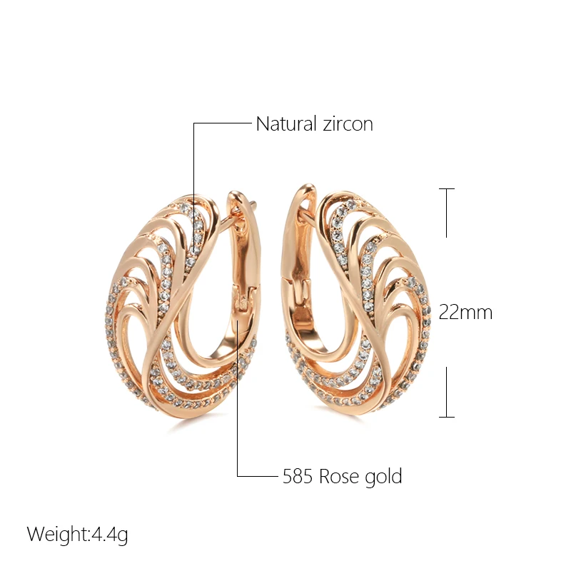 New Luxury Zircon Clip Earrings 585 Rose Gold Glossy Hollow Wave Texture Elegant Zircon Earrings Fine Wedding Earrings Jewelry