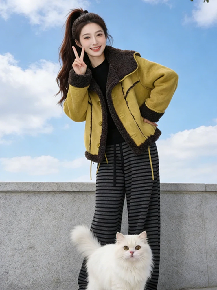 

Casual Loose Lamb Fur Lined Double Sided Cotton Jaet Women's Winter Thiened Outerwear Coat Breathable Straight Cut Sle