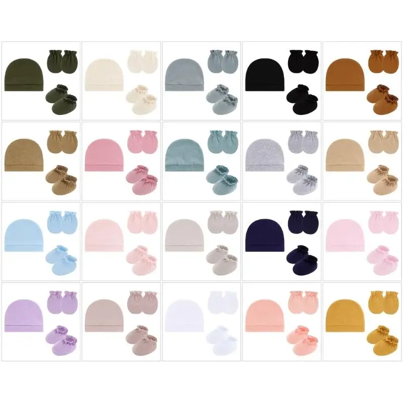

U13F Baby Bonnet Hat with Mittens and Booties 3 Piece Set Solid Color Breathable