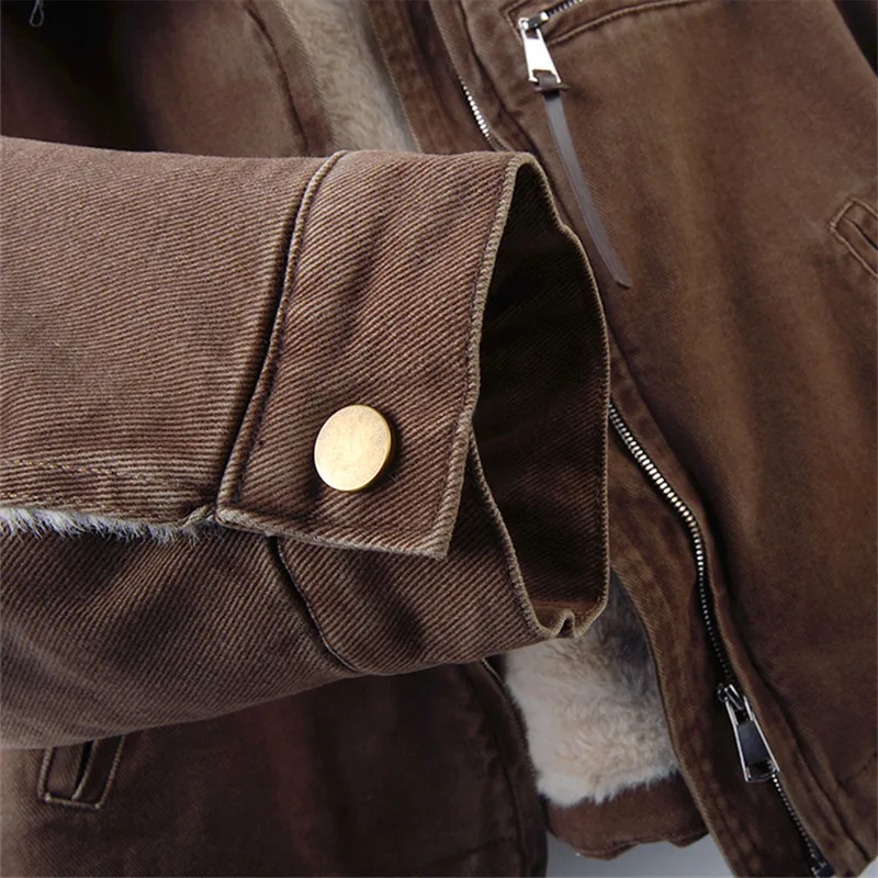 

Winter Women Thick Warm Faux Lambswool Liner Short Cowboy Outerwear Loose Casual Lapel Long Sleeve Denim Jackets Chaqueta Mujer