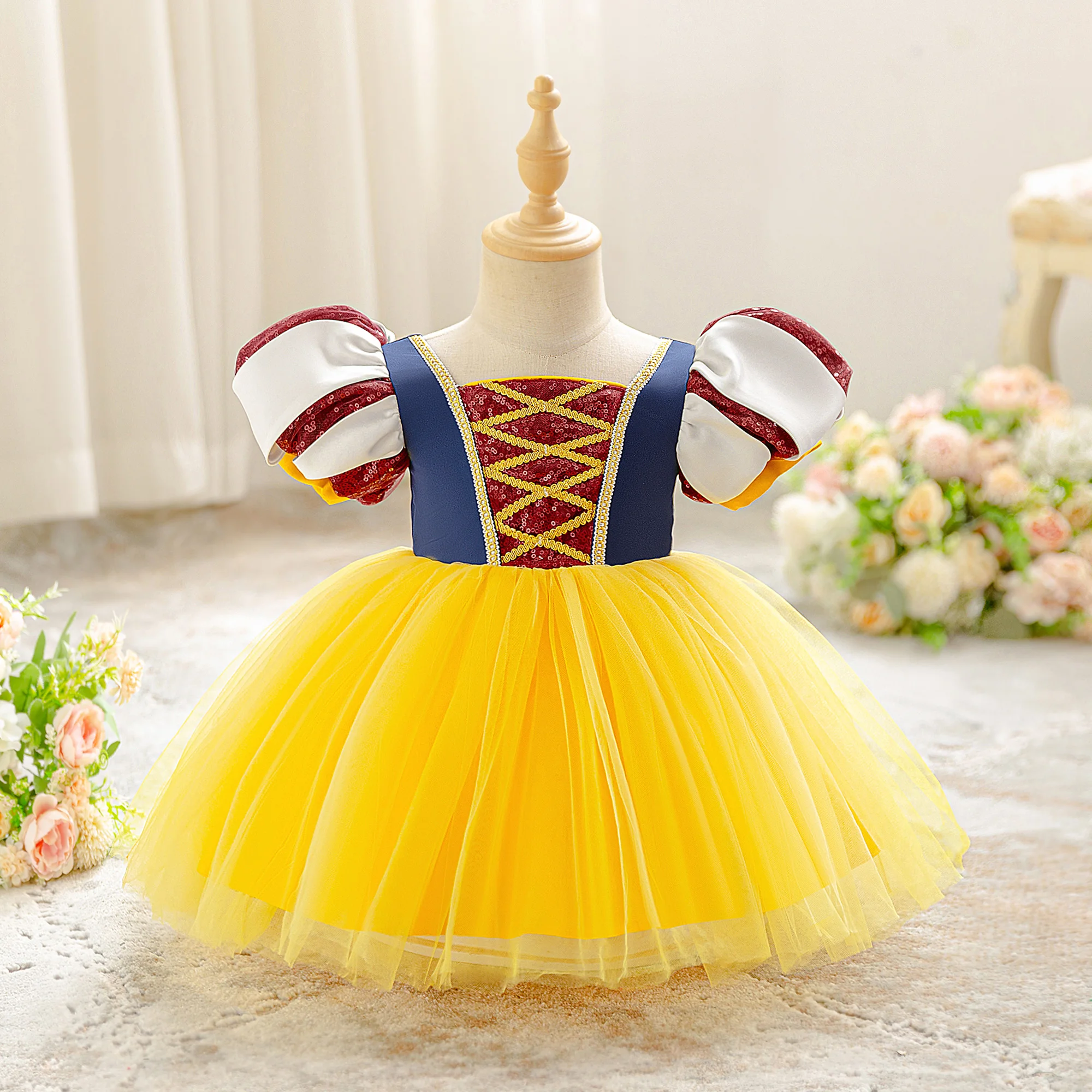 Elegant Snow Princess Party Girls Dress Carnival Halloween Christmas Costume Bow Birthday Prom Dress Tulle Wedding Kids Clothes