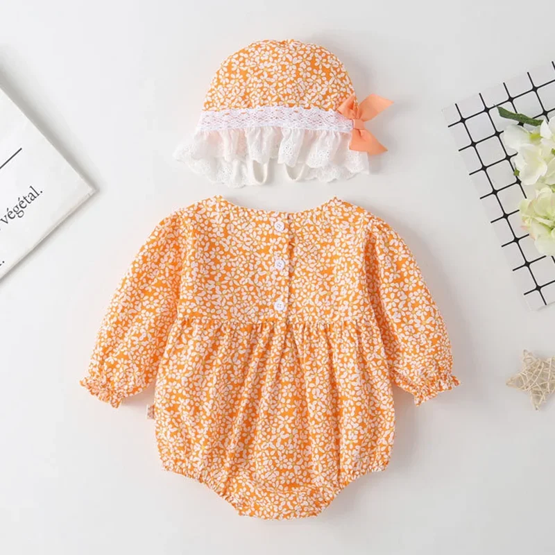 2026 Nowa Wiosenna Kombinezon dla Niemowląt Dziewczęcych z Kapeluszem, Długi Rękaw, Bawełniany Nadruk, Pajacyk dla Niemowląt Dziewczynek 0-24M, Ubrania Dziecięce