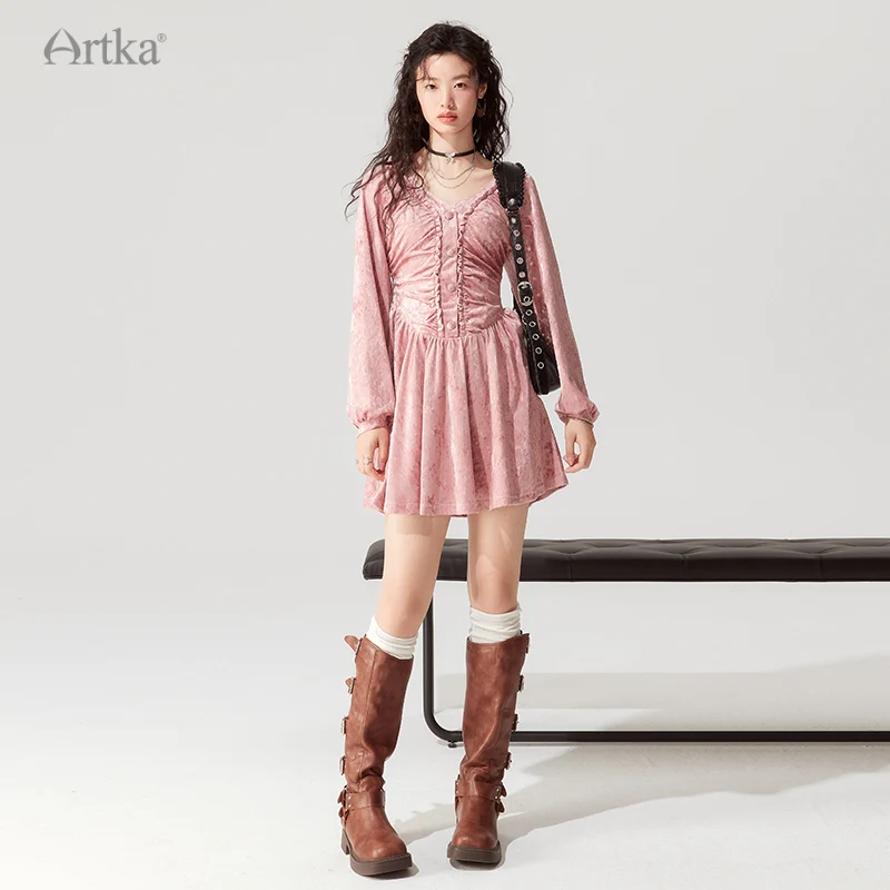 ARTKA 2025 Early Autumn New Women Dress French Elegant Velvet High Waist V-Neck Dresses Long Sleeve A-Line Pink Dress LA92335Q