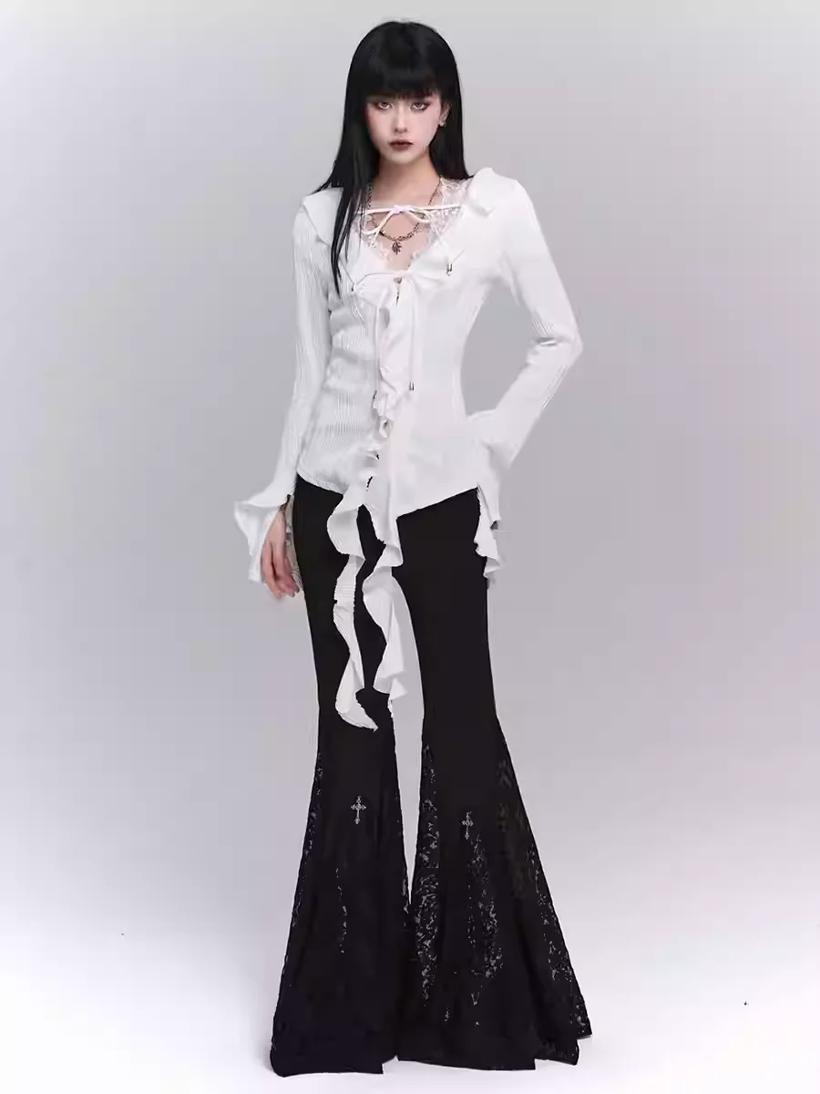 New Dark Gothic Girl Black High Waist Subculture Personality Flared Pants Fashion Versatility Retro Street Sexy Lace Trousers