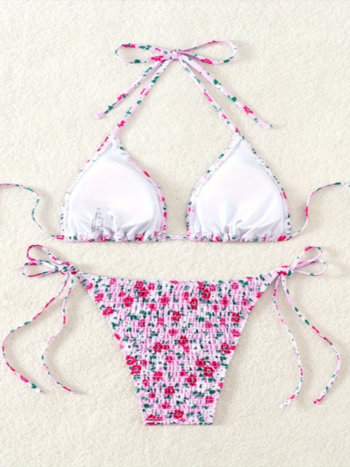 Flower Print 2-piece Swimsuit for Women Triangle Bra Suspender Backless Bikini Set Low Waist Thong Beach Vacation Swimwear 2024