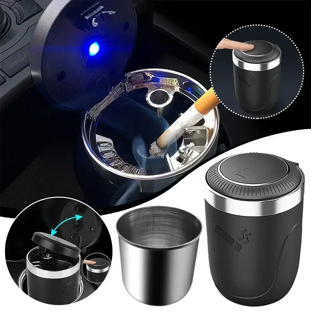 2025 NEW LED Portable Car Ashtray with Cup Holder Automatic Light Indicator Smoke Cigarette Ashtray in Black Blue Red Colors