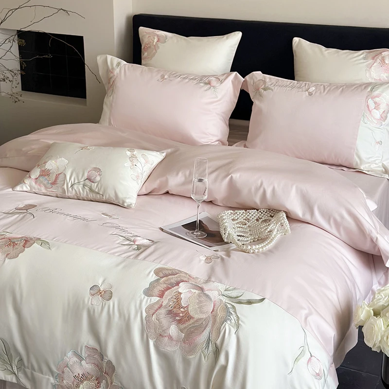 Flower Embroidery Bedding Sets, Home Textile, Pink Egyptian Cotton Duvet Cover, Bed Sheet, Pillowcases, Queen King Size, Luxury