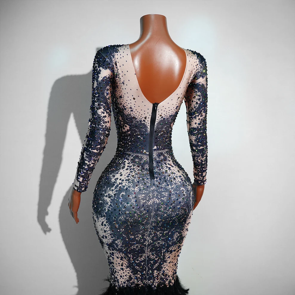 ชุดเดรสยาวทรงหางปลาประดับขนนกสีดำหรูหรา ผ้าทูลล์ซีทรู สำหรับนักร้องหญิง ดีเจ งานแสดงบนเวที งานปาร์ตี้วันเกิด